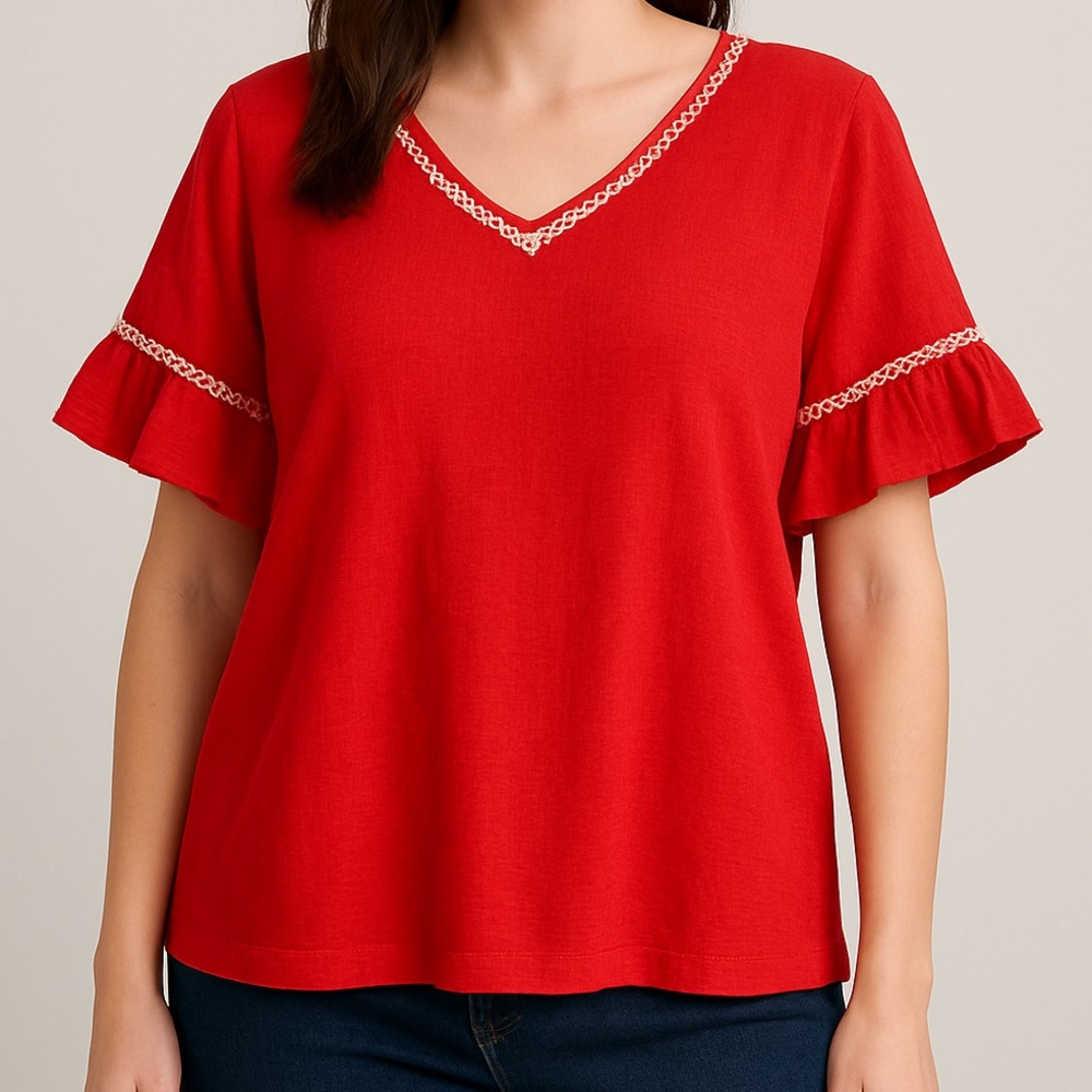 🆕 Max Studio Red V-Neck Crinkle Blouse 2X Embroidered Trim, Flutter Sleeves NWOT